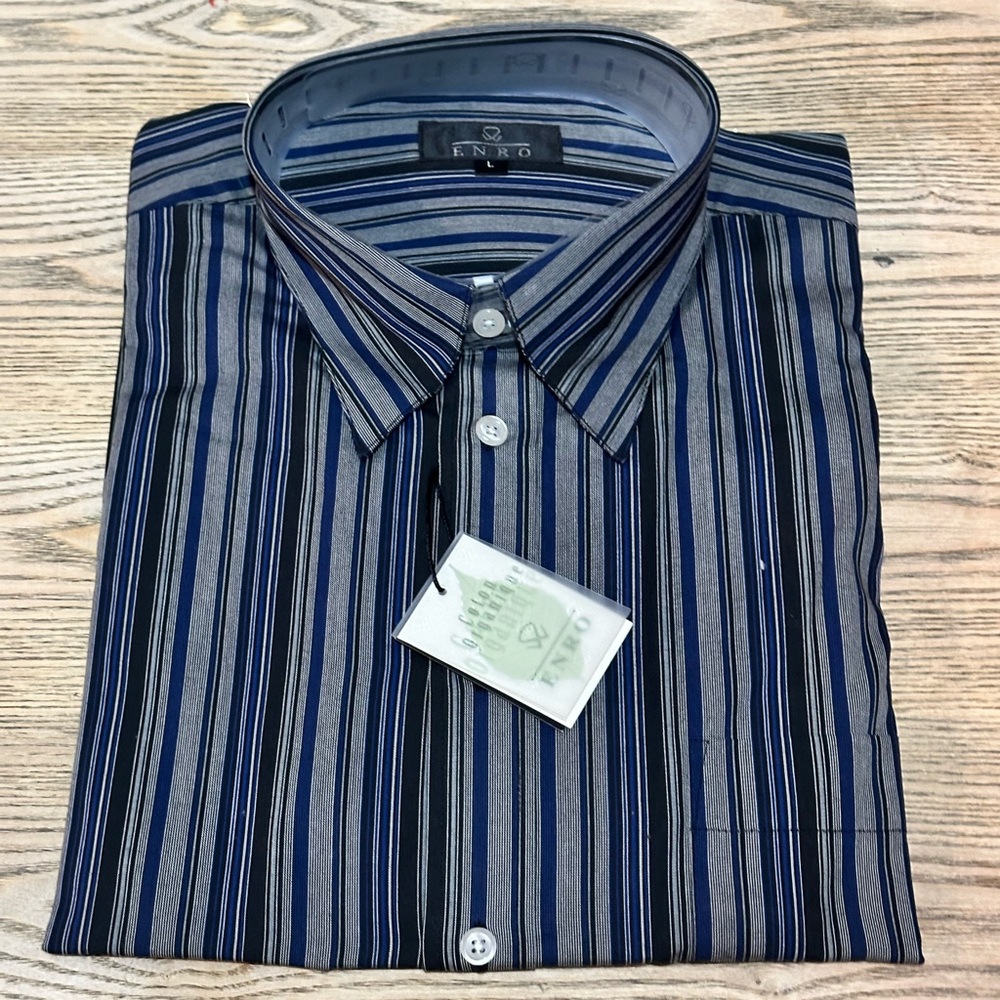 Enro Men’s Dress Regular Size L, 100% Cotton Blue Gray Striped Long Sleeve Shirt